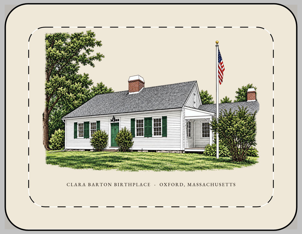 Oxford Clara Barton Birthplace 13-inch laptop sleeve mockup showing the full illustrated print