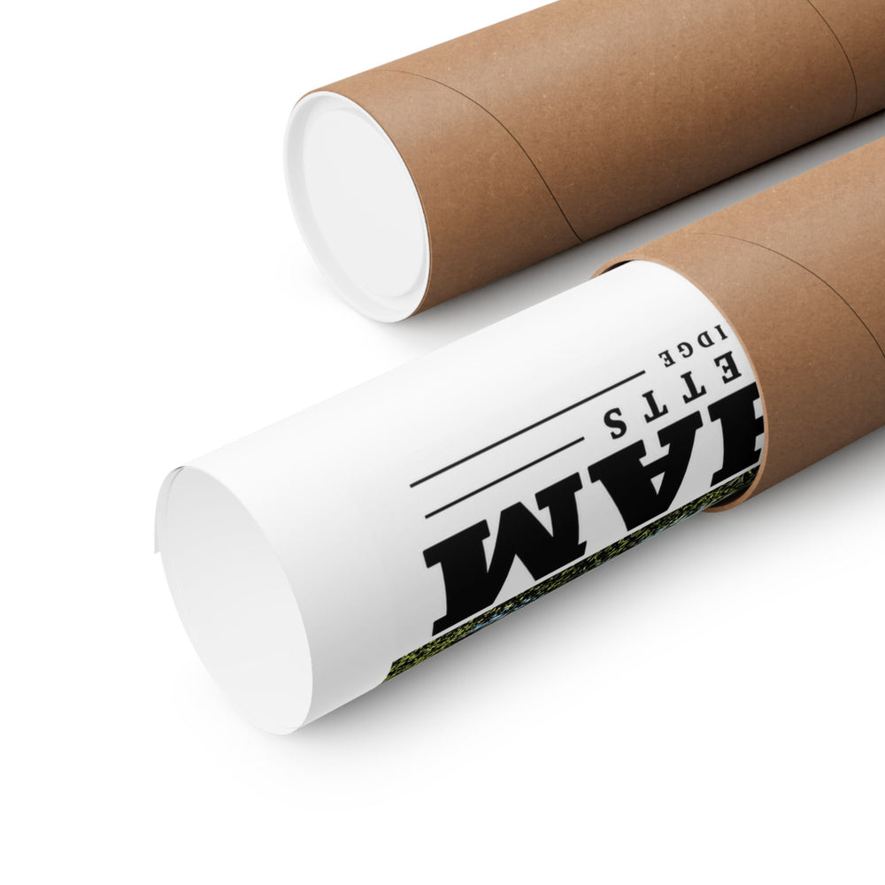 Rolled Newton Street Bridge poster beside a cardboard mailing tube, with printed typography visible.