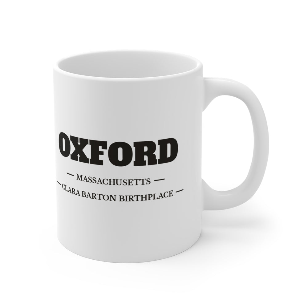 Oxford Clara Barton Birthplace 11 oz ceramic mug — lettering view, handle right — Familiar History
