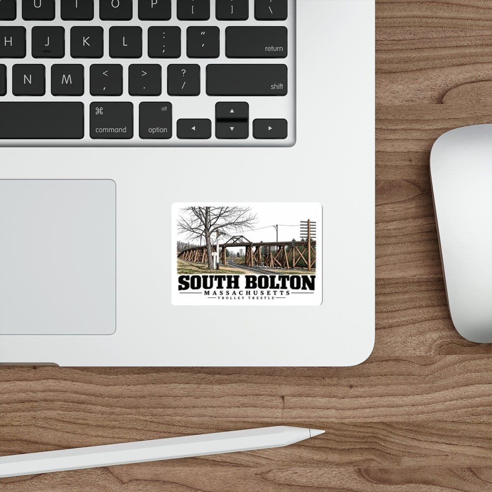 Illustrated Trolley Trestle in South Bolton on die-cut sticker