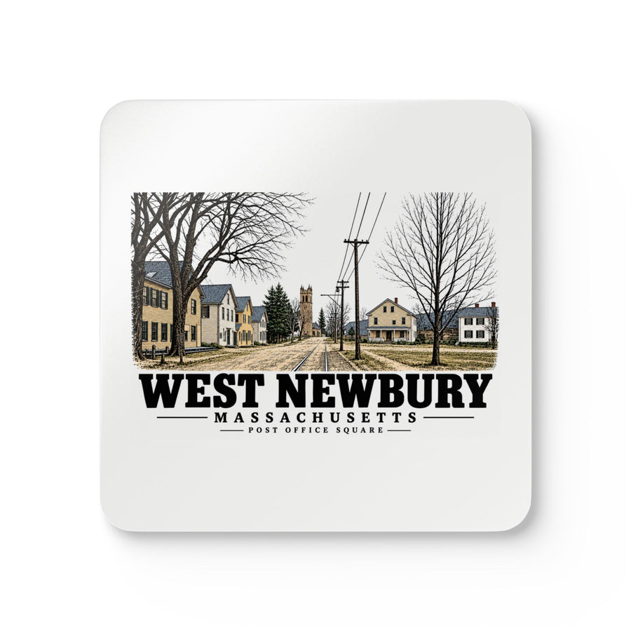 Front of Post Office Square square cork-backed coaster set, West Newbury, Massachusetts.