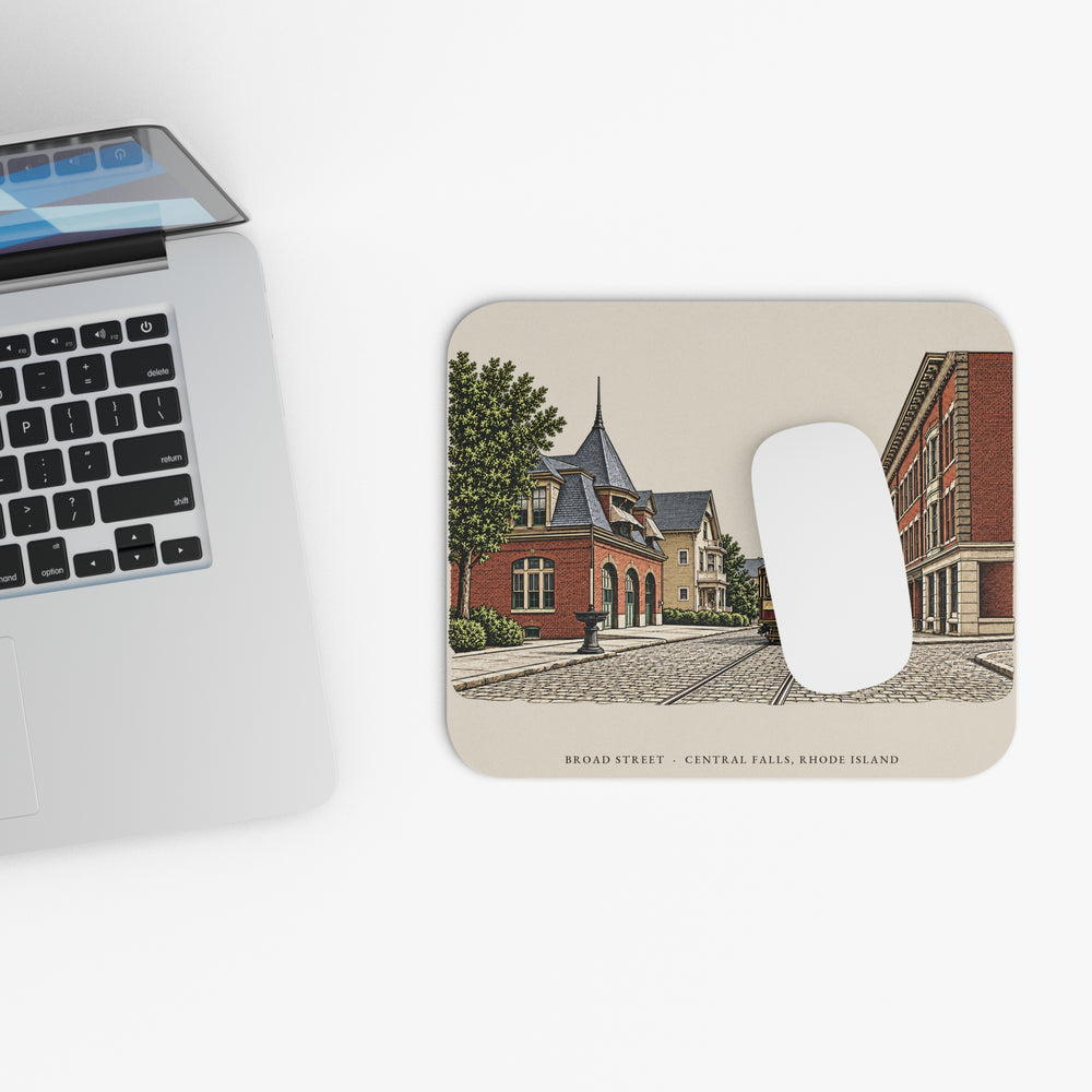 Central Falls Broad Street mouse pad mockup showing the full illustrated print