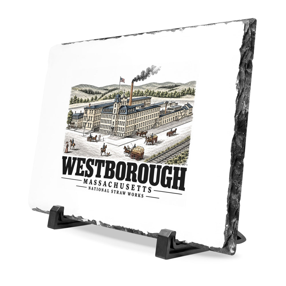 Illustrated National Straw Works in Westborough on slate desk plaque