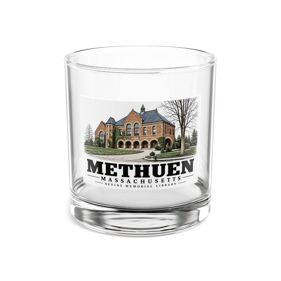 Front of Nevins Memorial Library rocks glass, with Methuen, Massachusetts artwork and lettering.