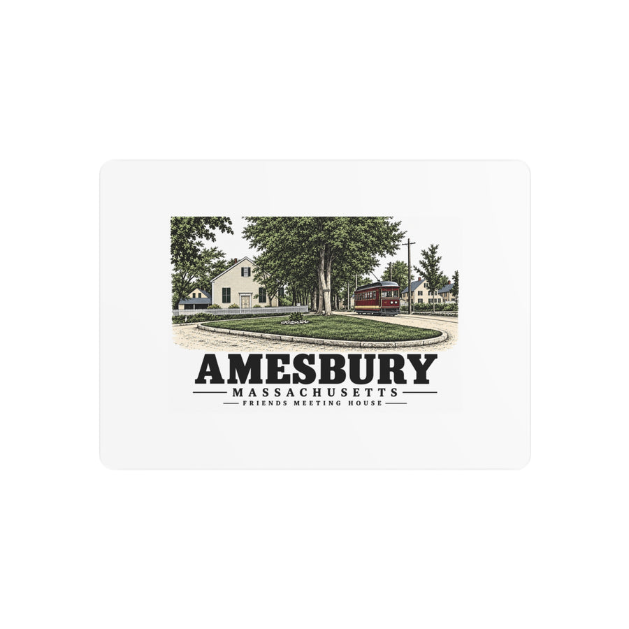 Front of horizontal metal wall art with Friends Meeting House and streetcar illustration, Amesbury, Massachusetts.