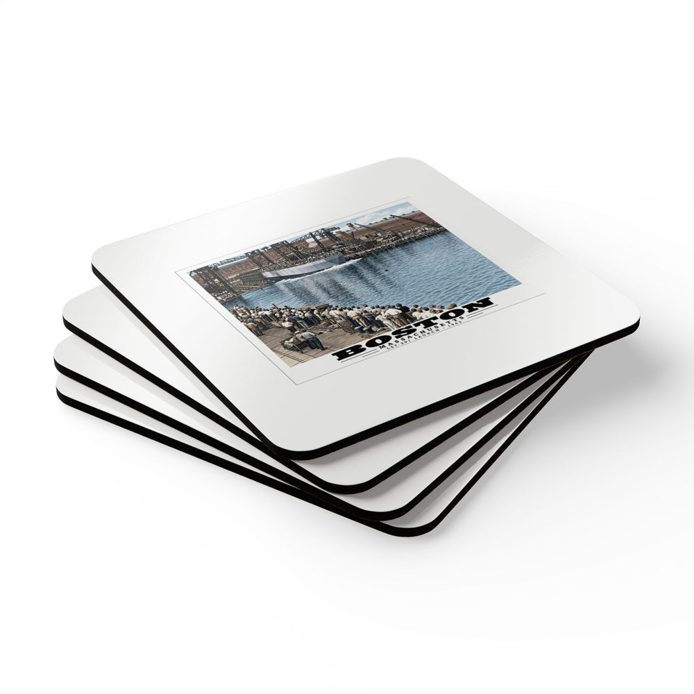 Illustrated LST-301 at Boston Navy Yard in Charlestown on corkwood coaster set