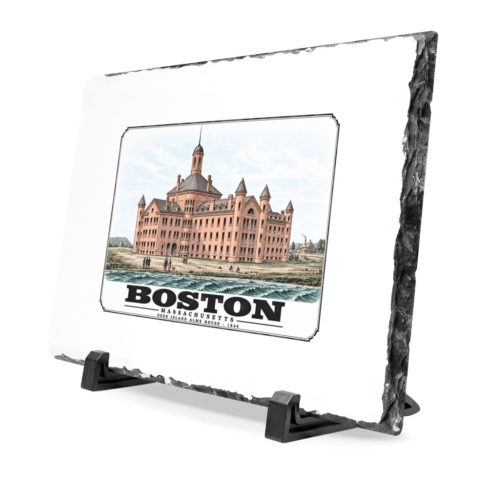 Angled rough-edged slate display on black stands showing large symmetrical alms house building, grounds and figures artwork