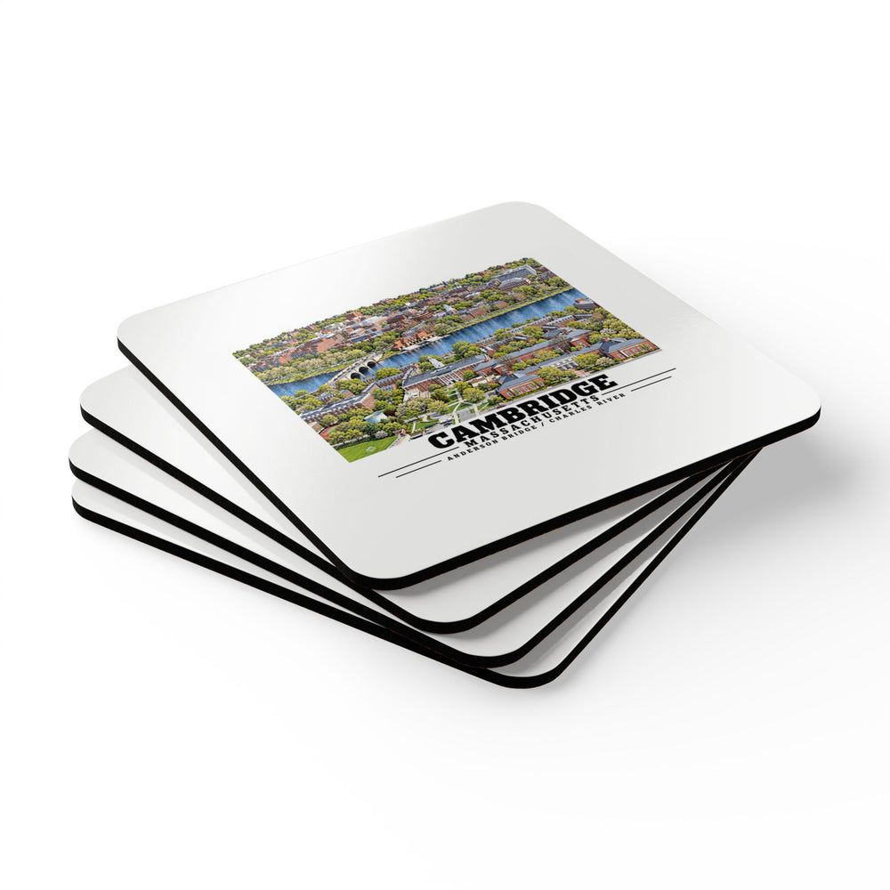 Illustrated Aerial view of Cambridge with Charles River past Harvard University in Cambridge and Boston on corkwood coaster set