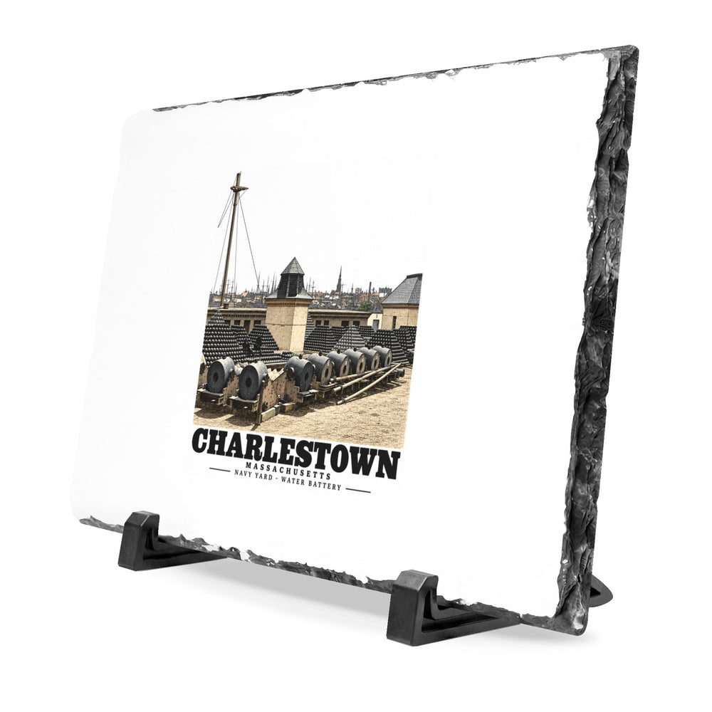 Angled Water Battery slate plaque showing chiseled edge and display stand