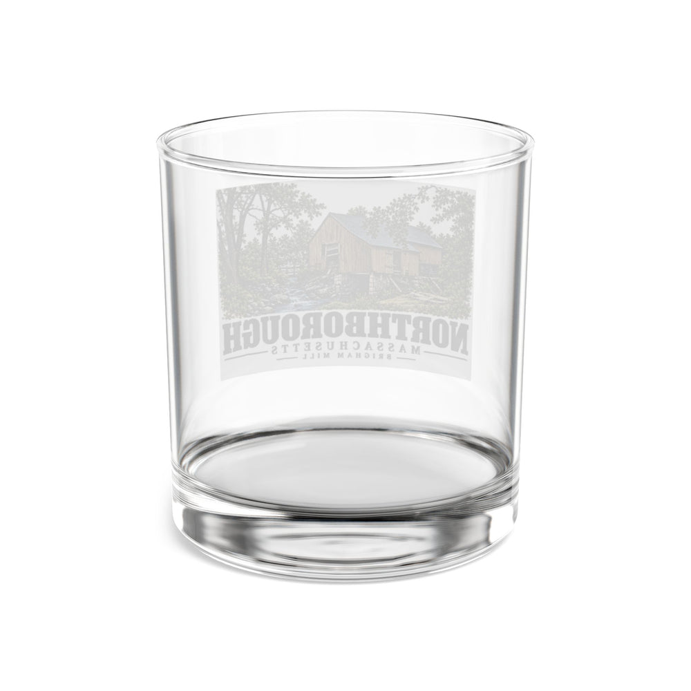 Illustrated Brigham Mill in Northborough on rocks glass