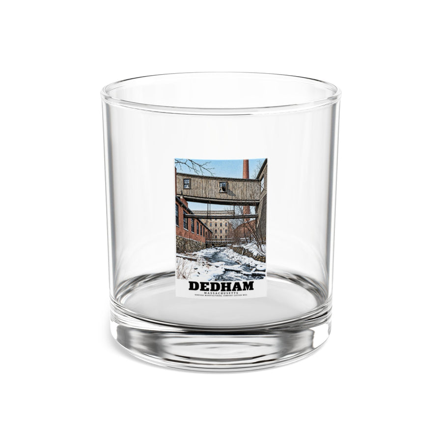 Front view of the 10 oz rocks glass with Dedham Norfolk Manufacturing Company Cotton Mill artwork.