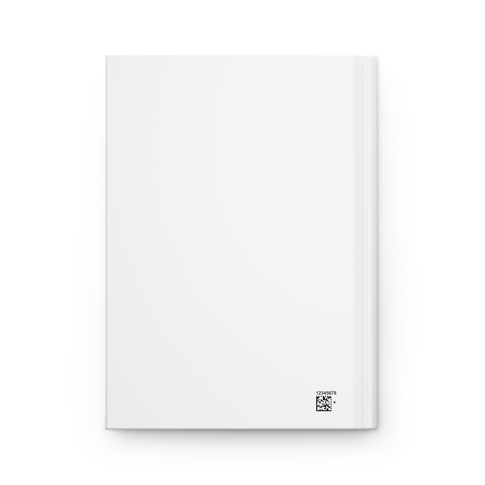 Plain white reverse of hardcover journal with a small production code near the lower right