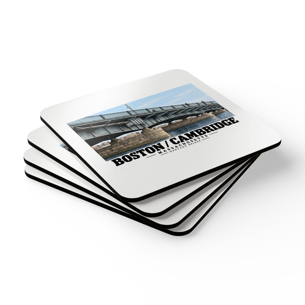 Stack of four coasters with Harvard Bridge artwork and Boston/Cambridge lettering on the top coaster