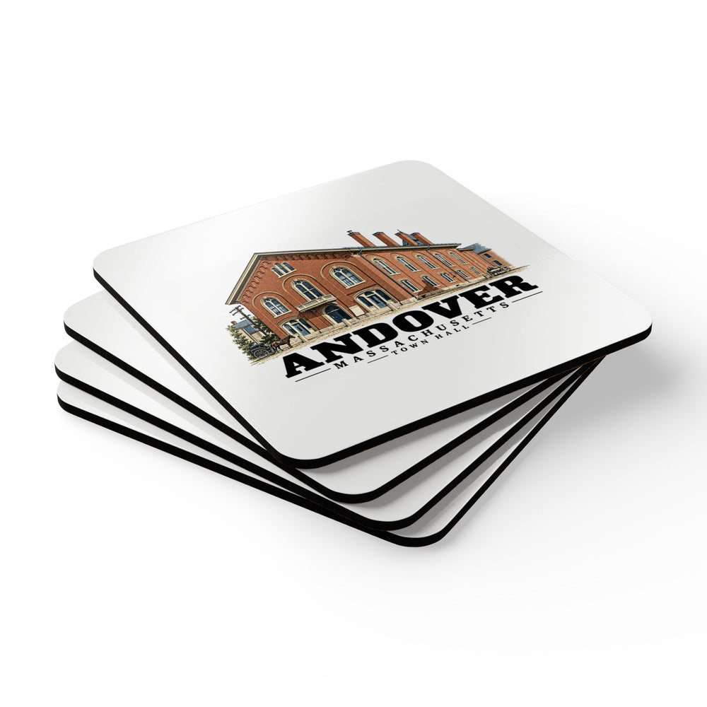 Stack of four coasters of Town Hall square cork-backed coaster set, Andover, Massachusetts.