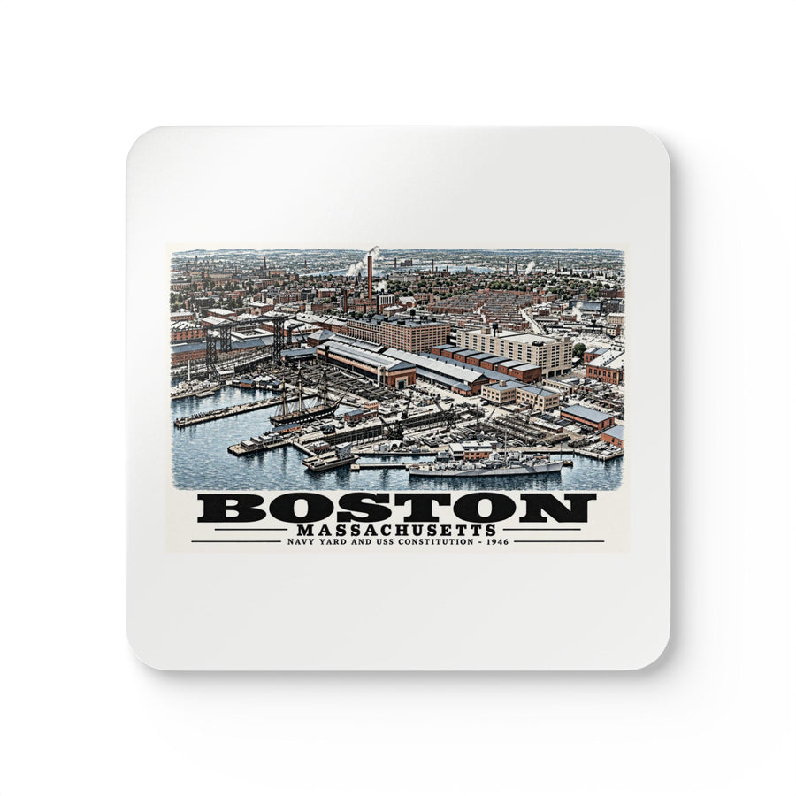 Illustrated Dry Dock 5 and Constitution Pier in Charlestown on corkwood coaster set