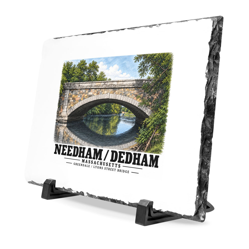 Angled rough-edged slate display on black stands showing Greendale Avenue / Lyons Street Bridge stone arch and reflection artwork