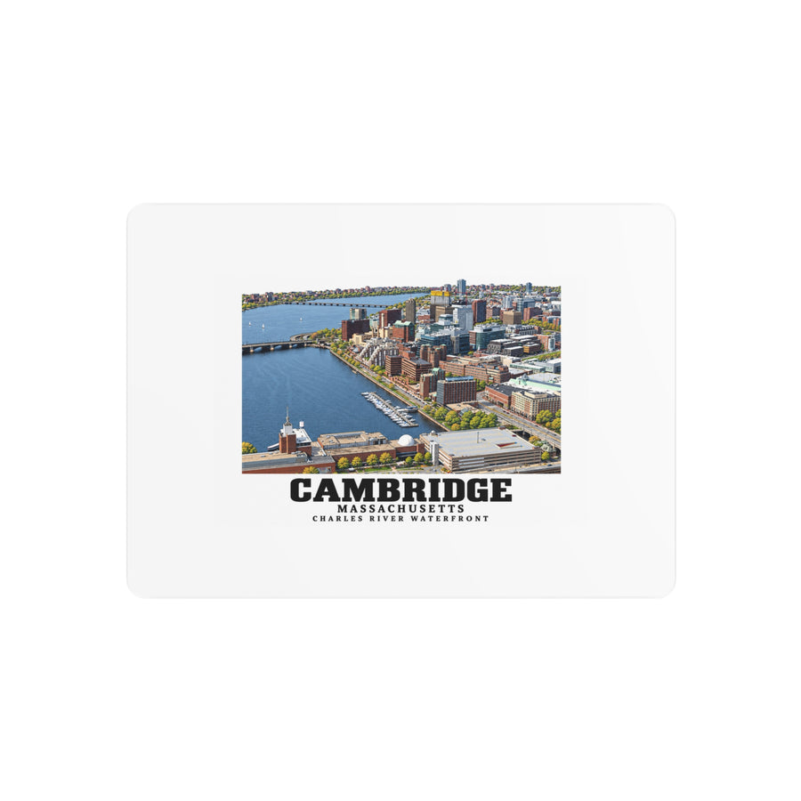 Metal wall print showing Cambridge Charles River waterfront aerial city view artwork and Cambridge lettering