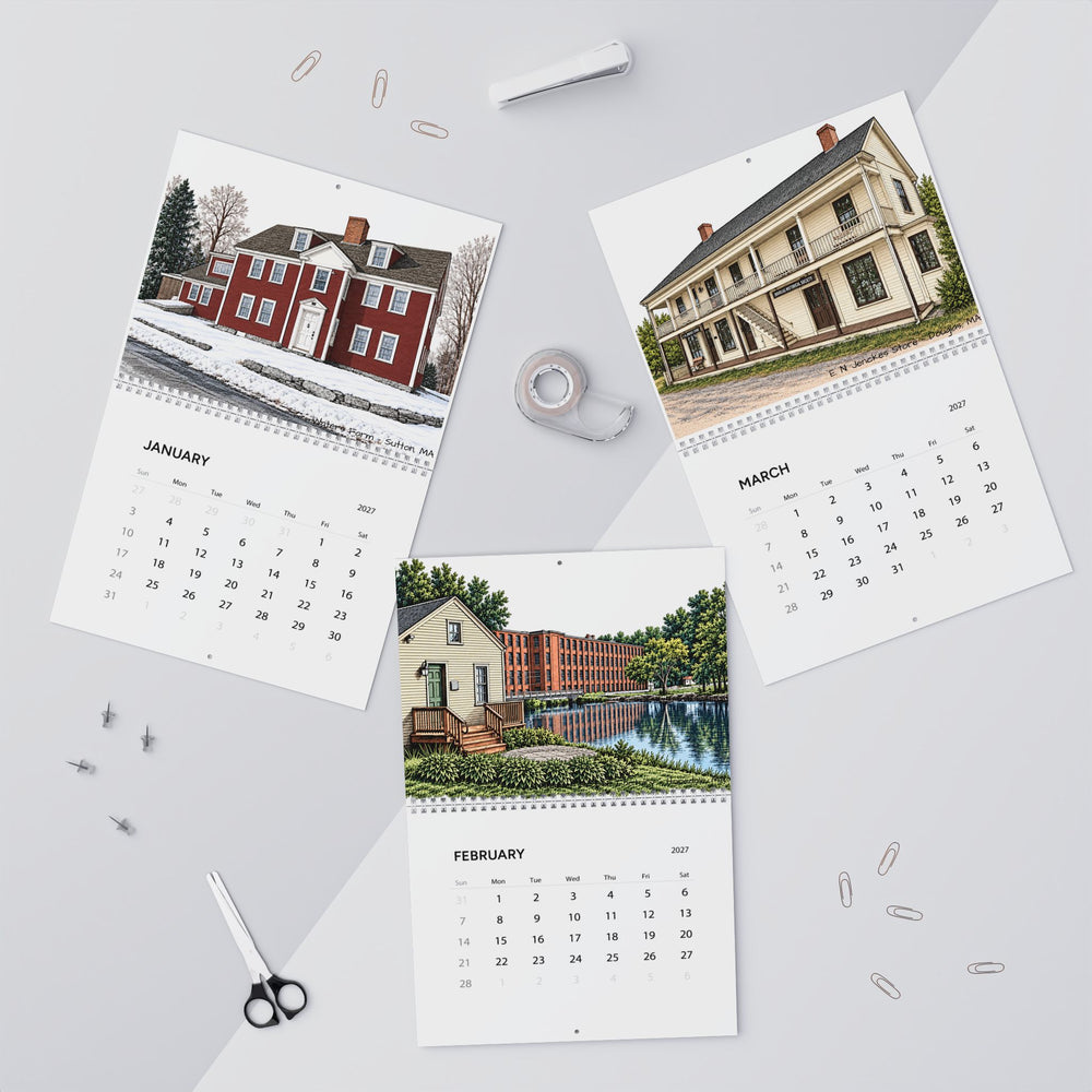 January, February and March 2027 calendar pages featuring Waters Farm, the Former Draper Factory and E. N. Jenckes Store.