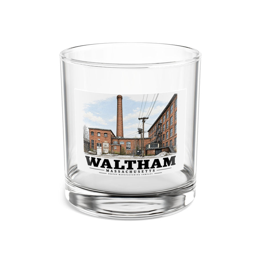 Front view of the clear rocks glass printed with Waltham Boston Manufacturing Company power plant artwork.