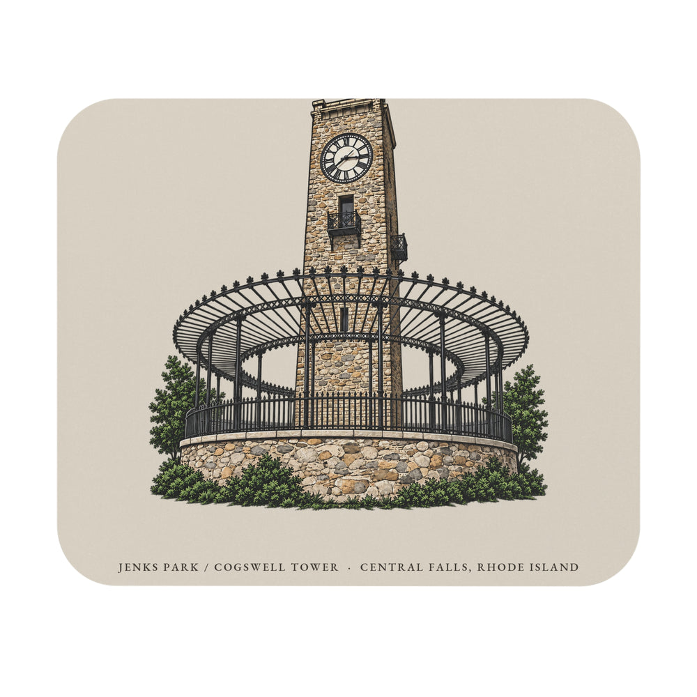 Central Falls Jenks Park / Cogswell Tower mouse pad mockup showing the full illustrated print