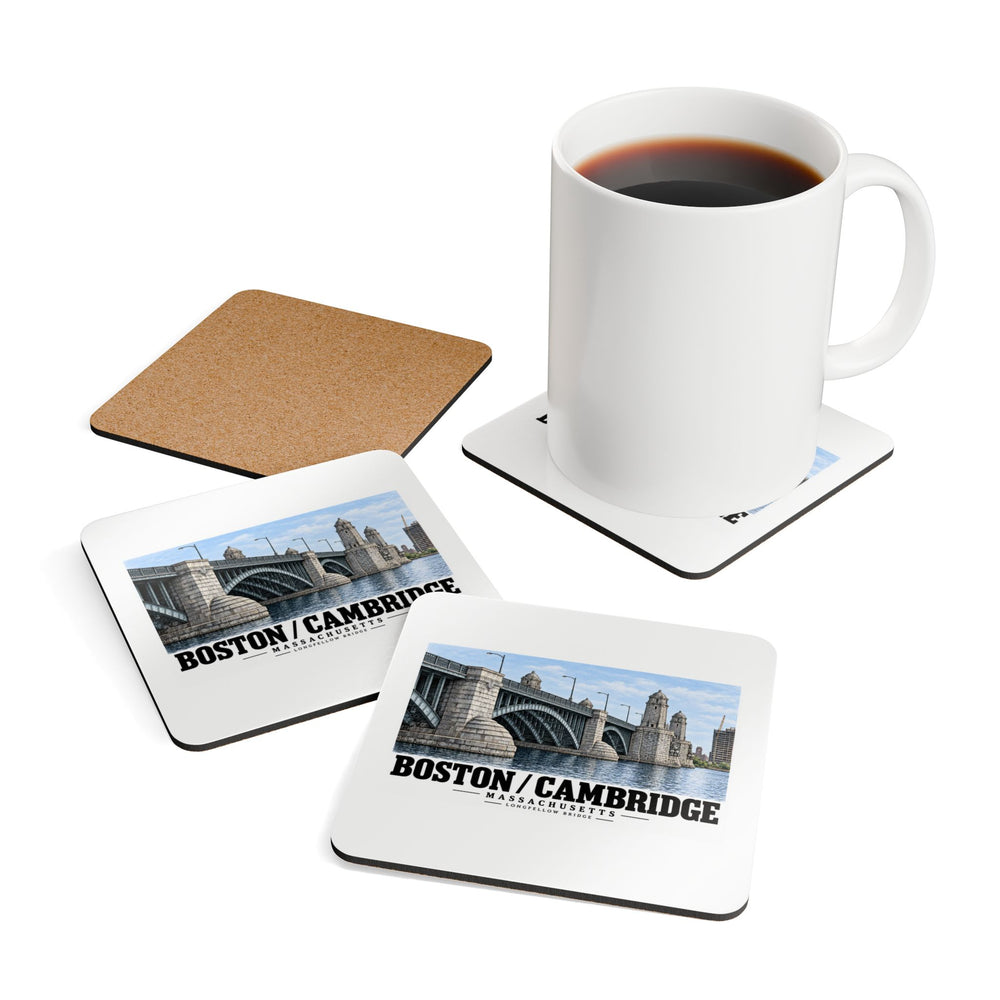 Longfellow Bridge coasters beside a mug, showing printed fronts and a cork reverse.