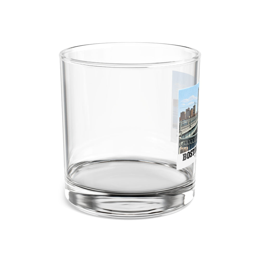 Clear rocks glass side view with part of the Harvard Bridge print visible at the right