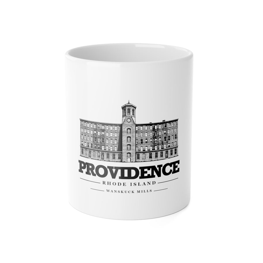 11 oz ceramic mug with Providence Wanskuck Mills artwork, front view