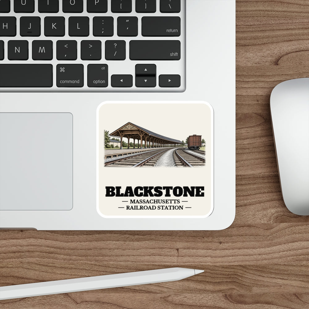 Blackstone Railroad Station sticker shown on a laptop