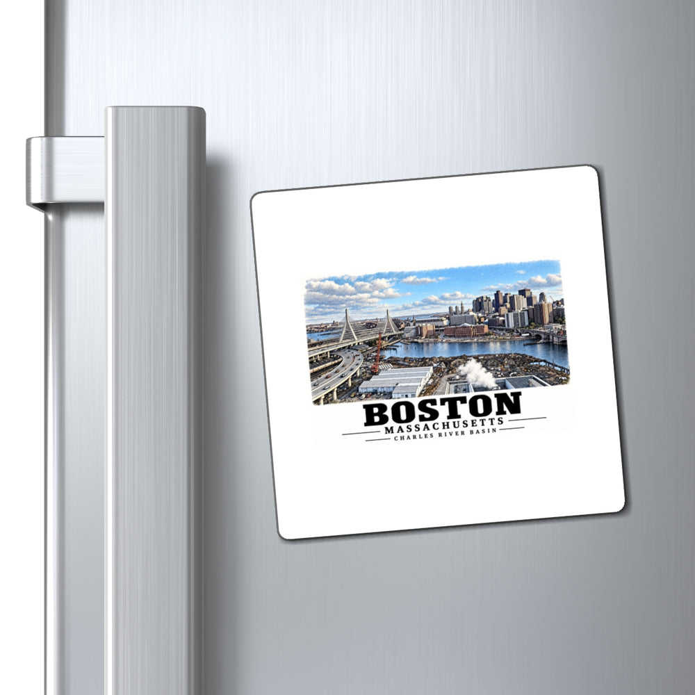 Boston skyline, cable-stayed bridge and Charles River basin magnet on a refrigerator beside its handle