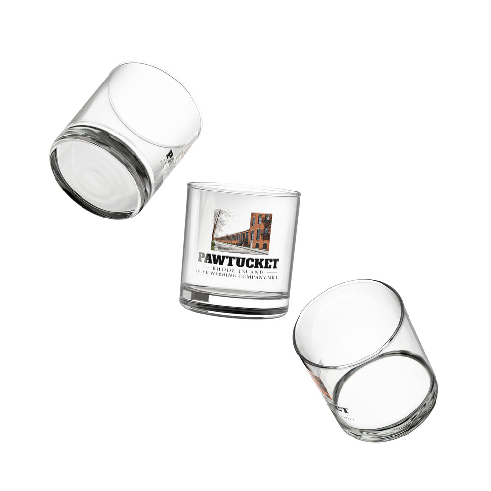 Angled view of Pawtucket Hope Webbing Company Mill 10 oz Rocks Glass