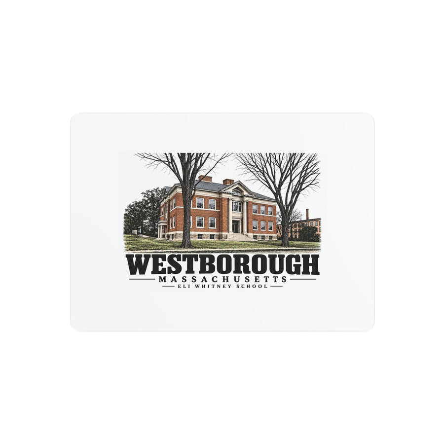 Illustrated Eli Whitney School in Westborough on metal art sign