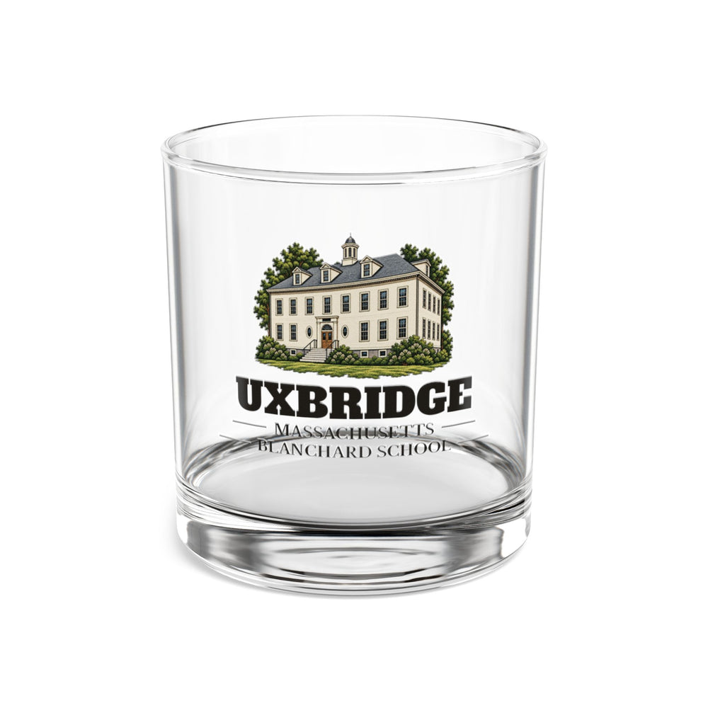 Front view of the Uxbridge Blanchard School artwork printed on a clear 10 oz rocks glass