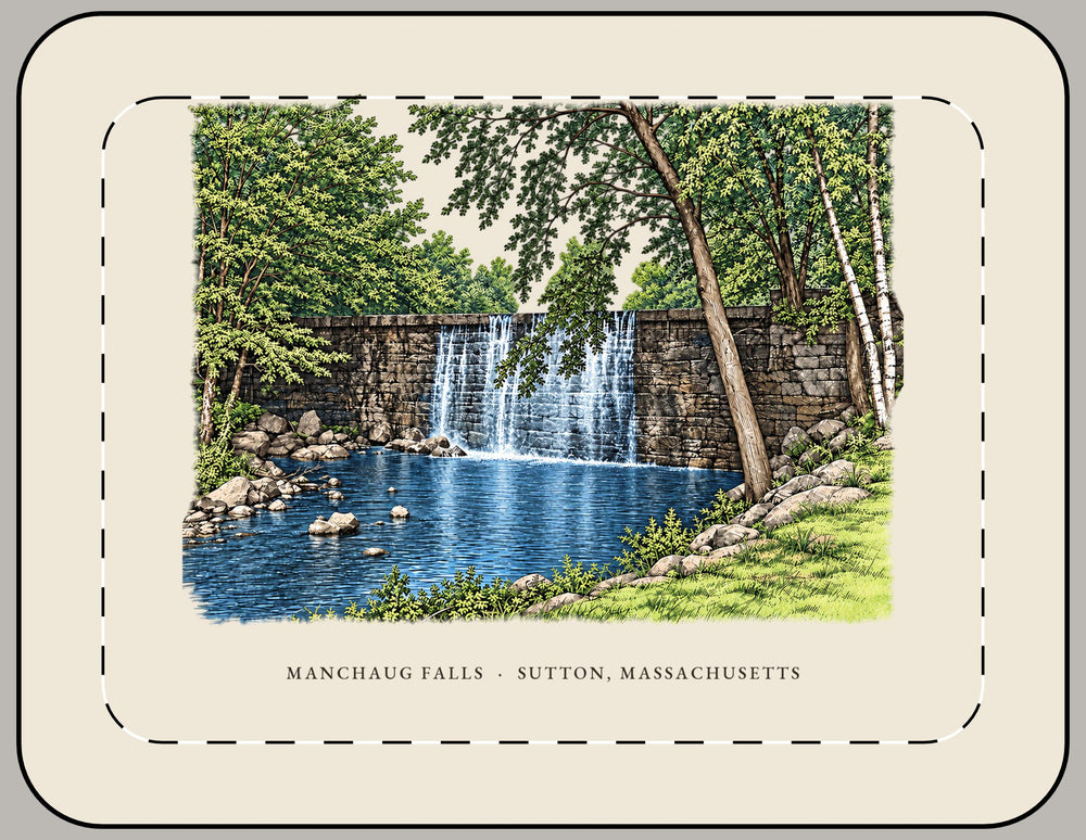 Sutton Manchaug Falls 15-inch laptop sleeve mockup showing the full illustrated print
