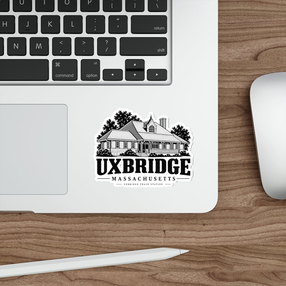 Uxbridge Train Station die-cut sticker applied to a laptop