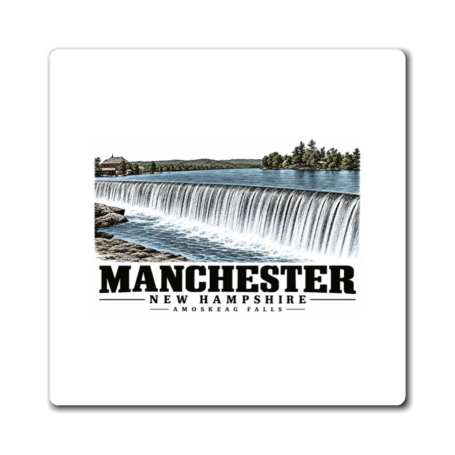 Front of Amoskeag Falls square magnet, with Manchester, New Hampshire artwork and lettering.