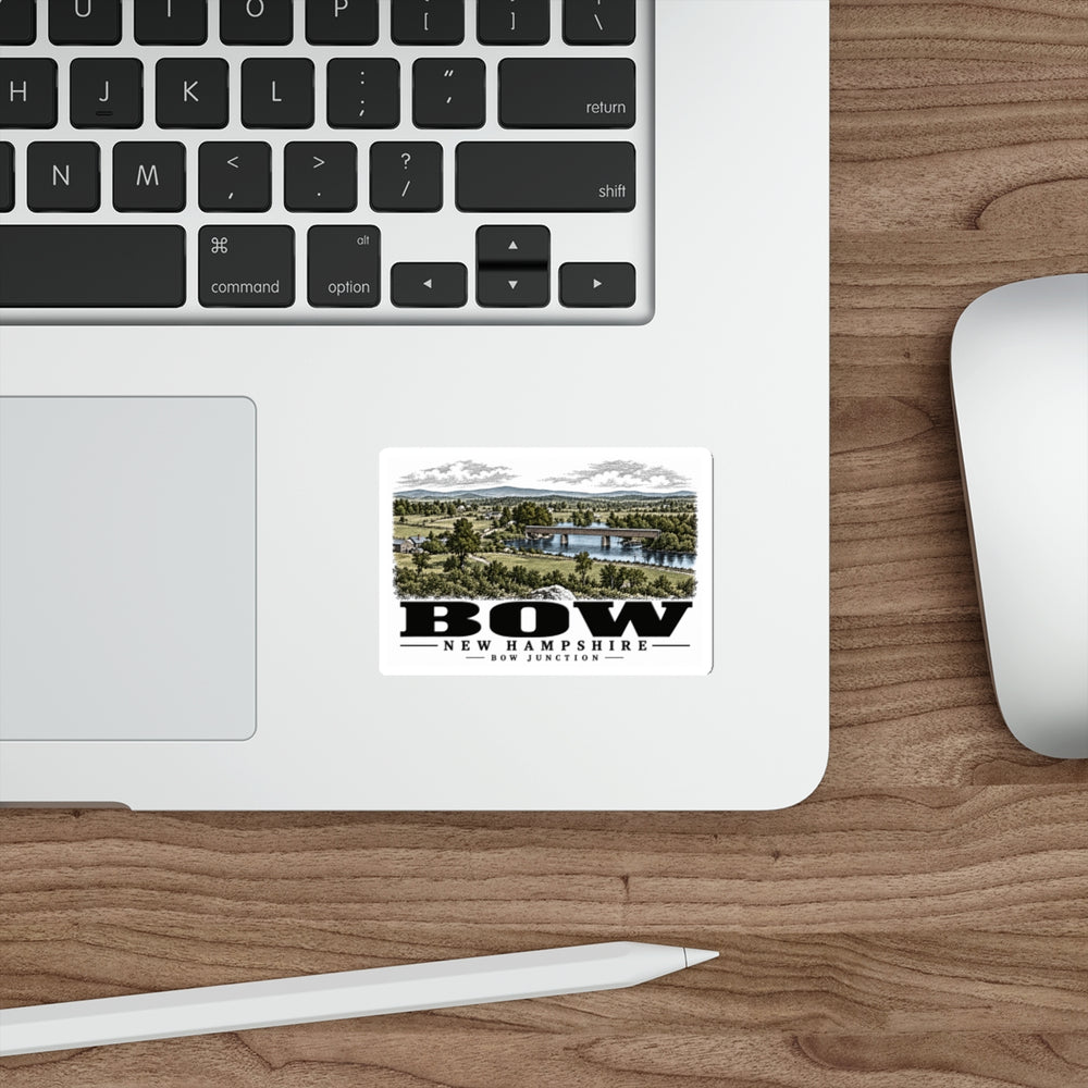 Laptop display of Bow Junction Covered Bridge white die-cut sticker, Bow, New Hampshire.