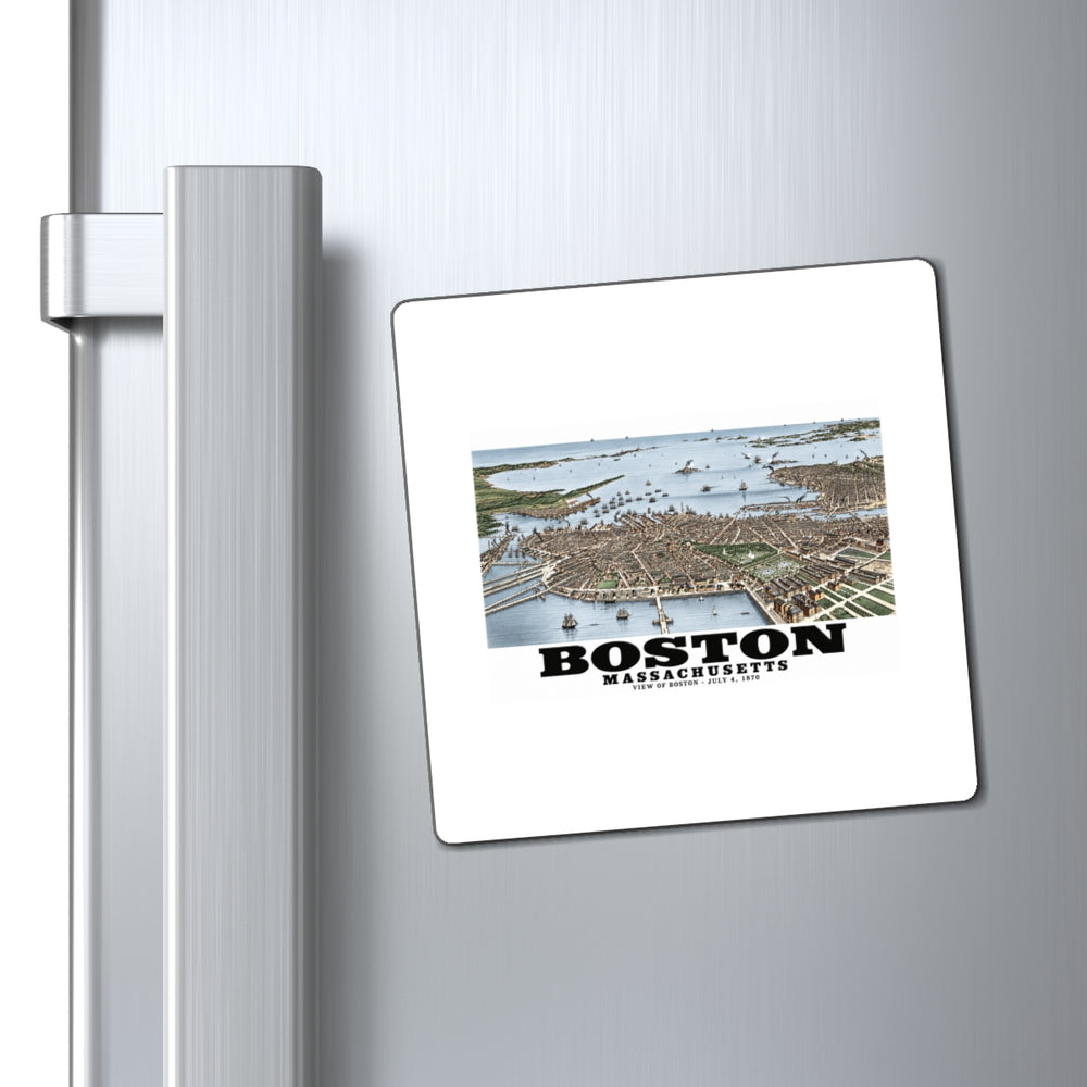 historic Boston harbor panorama with boats and waterfront buildings magnet on a refrigerator beside its handle
