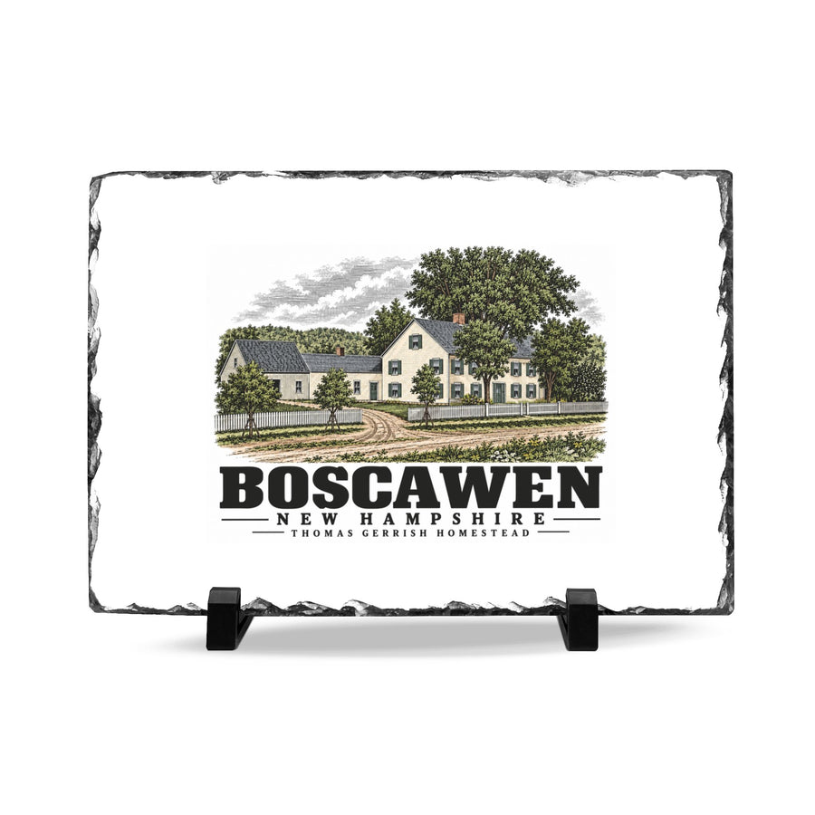 Front on display stands of Thomas Gerrish Homestead slate desk plaque, with Boscawen, New Hampshire artwork and lettering.