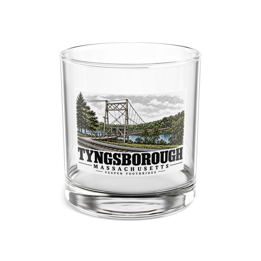 Front of Vesper Footbridge rocks glass, with Tyngsborough, Massachusetts artwork and lettering.