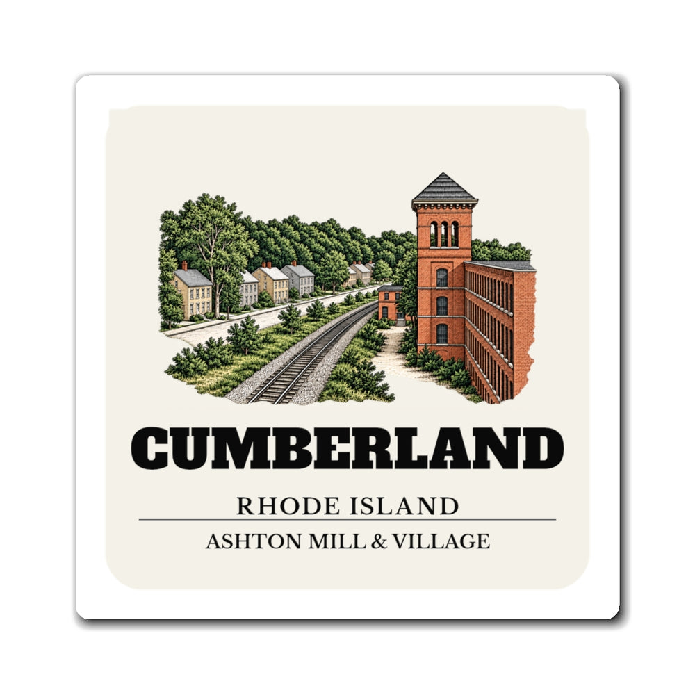 Cumberland Ashton Mill & Village 4 inch magnet shown on a refrigerator