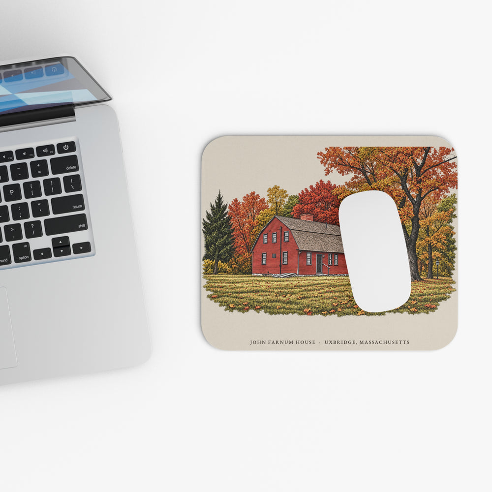 Uxbridge John Farnum House mouse pad mockup showing the full illustrated print