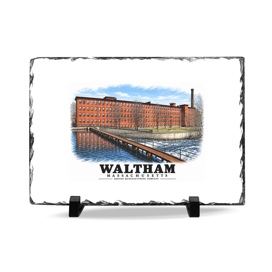 Boston Manufacturing Company, 144-190 Moody Street; Moody Street Dam, Charles River 7 × 11 in Slate Desk Plaque - Charles River