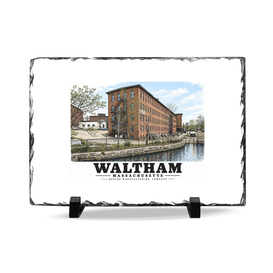 Illustrated Boston Manufacturing Company in Waltham on slate desk plaque