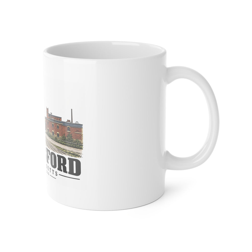 Chelmsford Silesia Mills with neighboring industrial offices 11 oz White Ceramic Mug - Merrimack Valley Goods