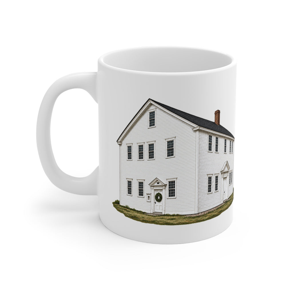 Millville Chestnut Hill Meetinghouse 11 oz ceramic mug — artwork view, handle left — Familiar History