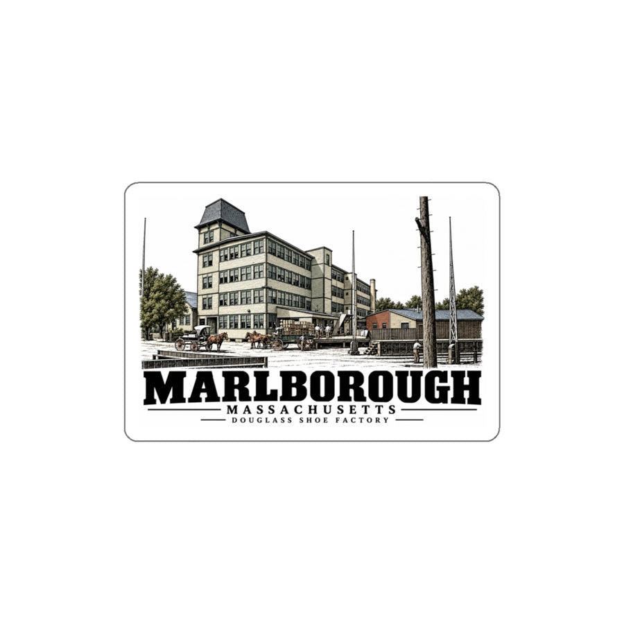 Illustrated Douglass Shoe Factory in Marlborough on die-cut sticker