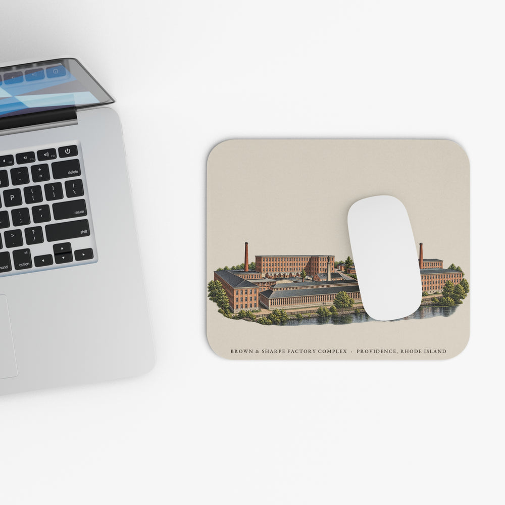 Providence Brown & Sharpe Factory Complex mouse pad mockup showing the full illustrated print