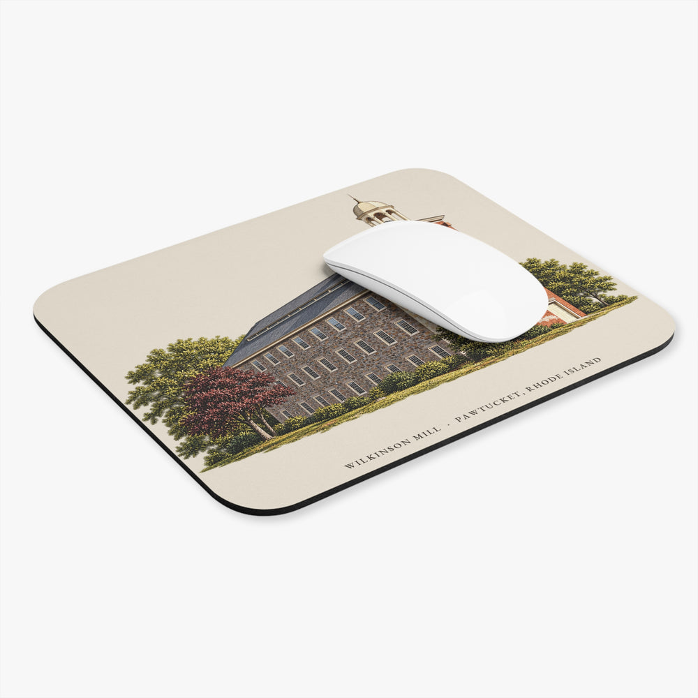 Pawtucket Wilkinson Mill Stone Machine Shop mouse pad mockup showing the full illustrated print