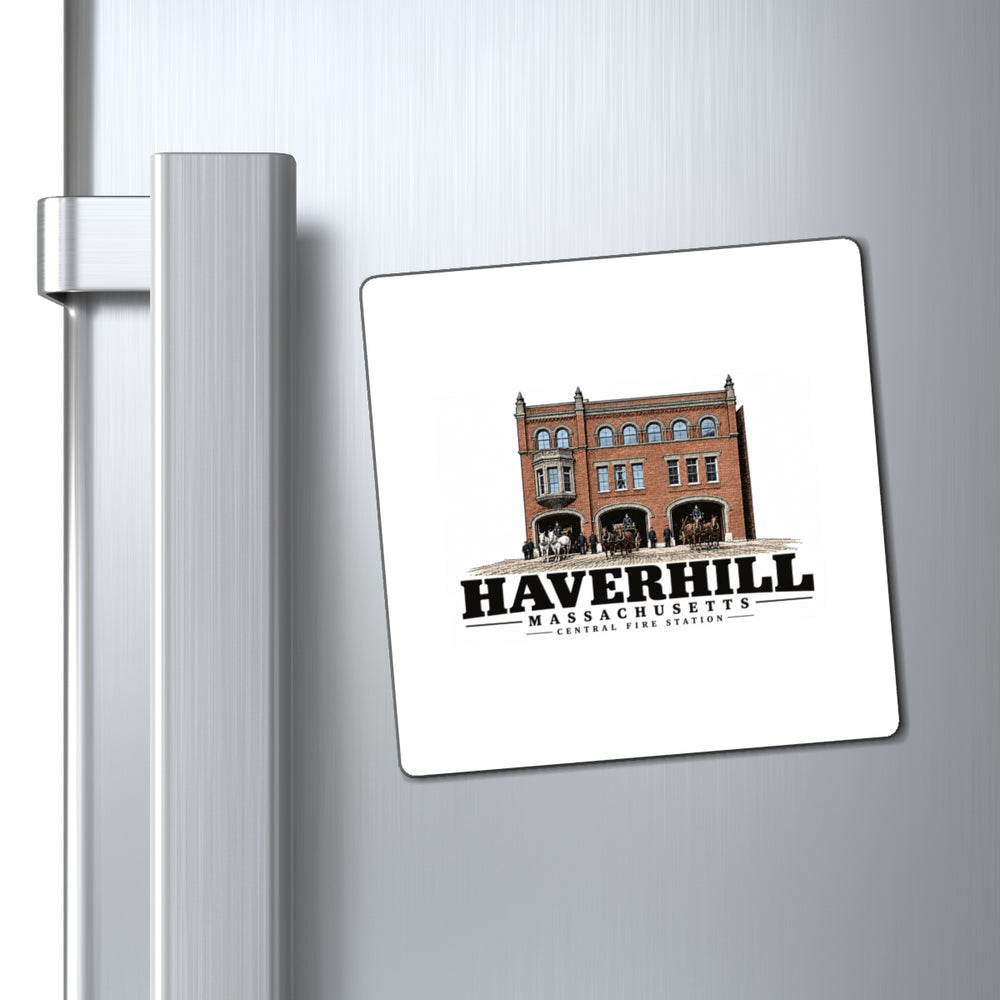Refrigerator display of Central Fire Station square magnet, with Haverhill, Massachusetts artwork and lettering.