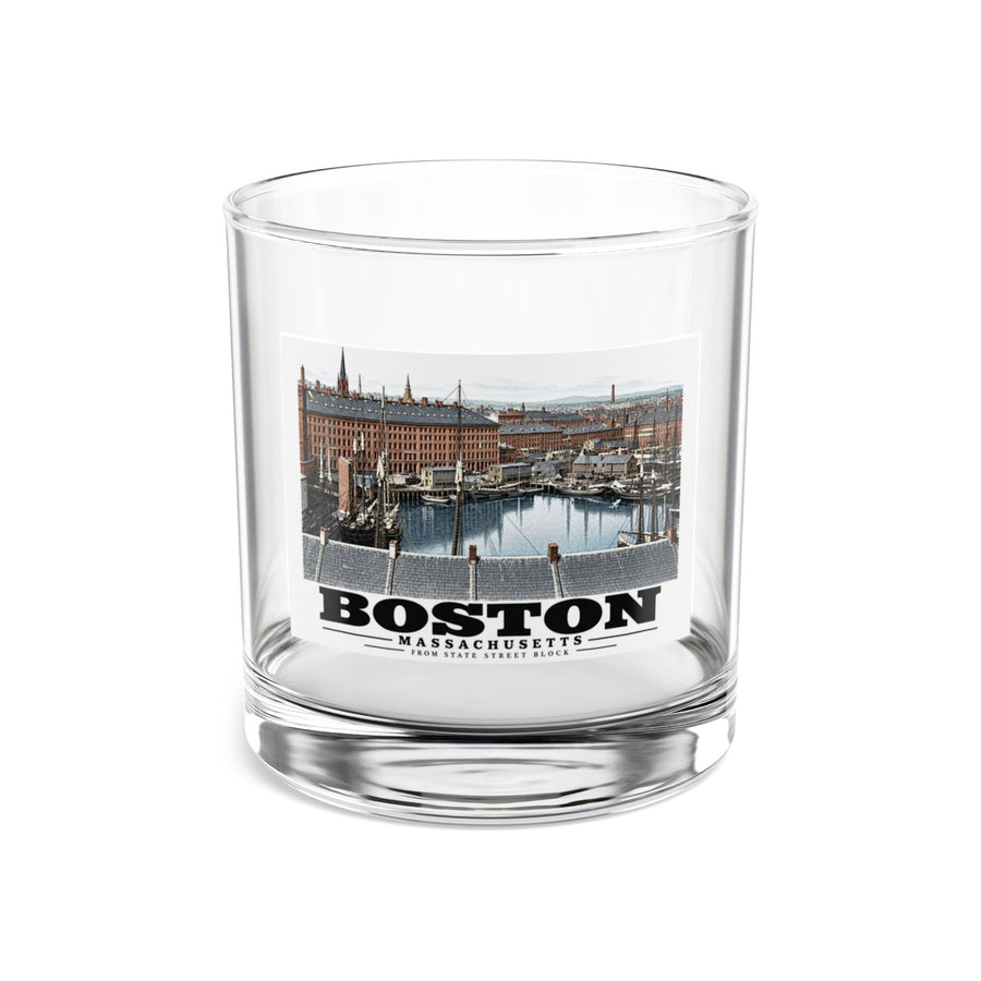 Clear rocks glass showing Boston waterfront buildings, wharves, boats and harbor water artwork and Boston lettering